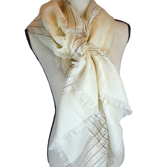 ECHO Made in Japan Vintage Cream Large Scarf Wrap with Metallic Threads - Picture 2 of 8